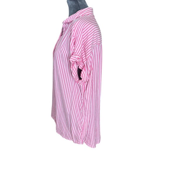 Beachlunchlounge Pink & White Striped Button-Up Collared Shirt L - Picture 2 of 5